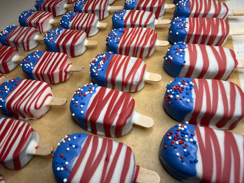 Red, white and blue striped cakesicles